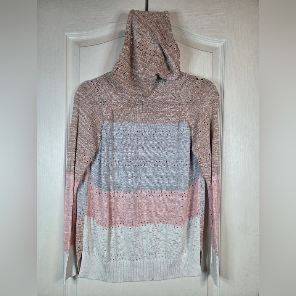 White Pink Gray Tan Striped Lightweight Hoodie Sweater Size XS-S - Picture 2 of 11